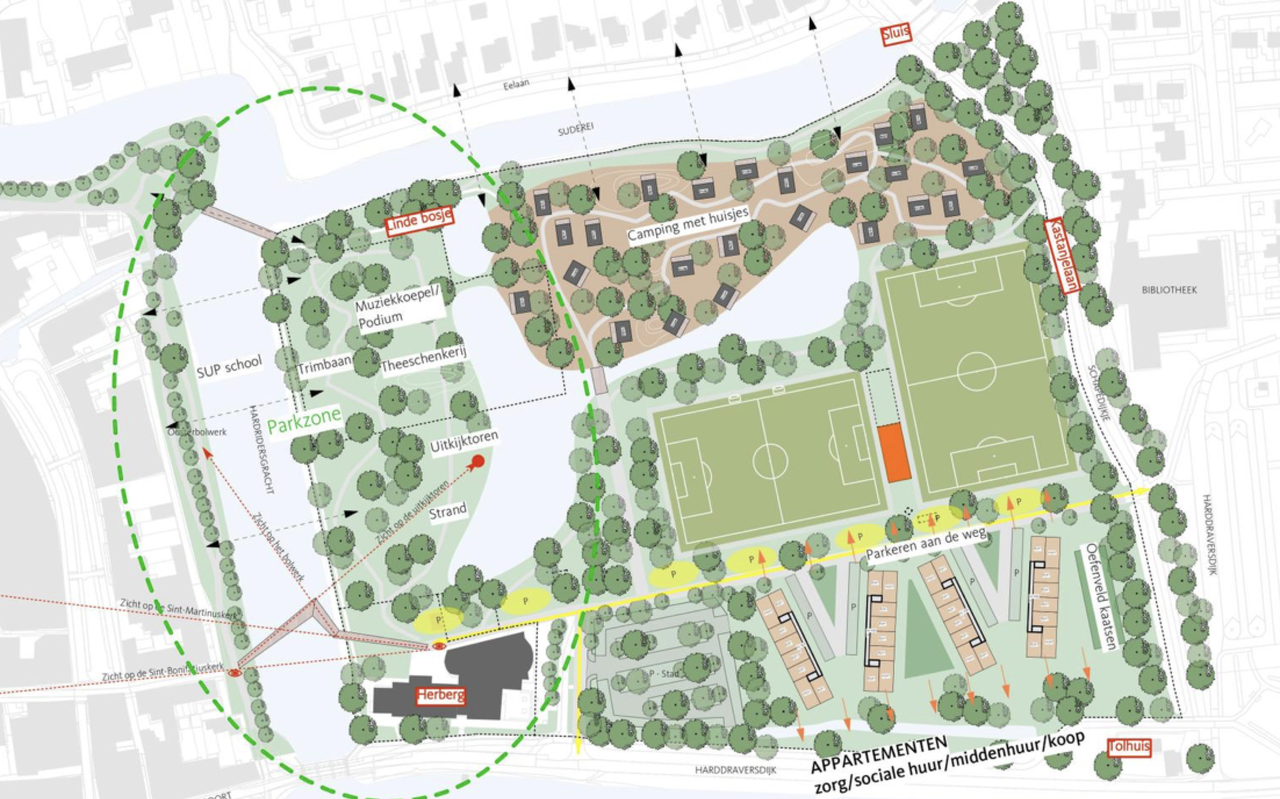Het voorstel van de sportclubs en de camping voor het Harddraverspark. Het voorstel van de sportclubs en de camping voor het Harddraverspark.