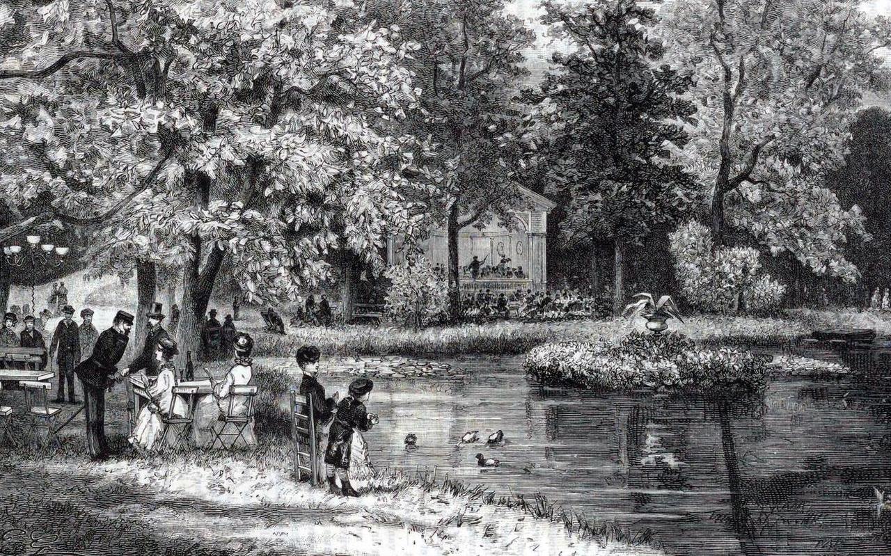 Detail uit ‘Gezicht in de Prinsentuin’ van J.C. Greive jr., uit 1883. Detail uit ‘Gezicht in de Prinsentuin’ van J.C. Greive jr., uit 1883.